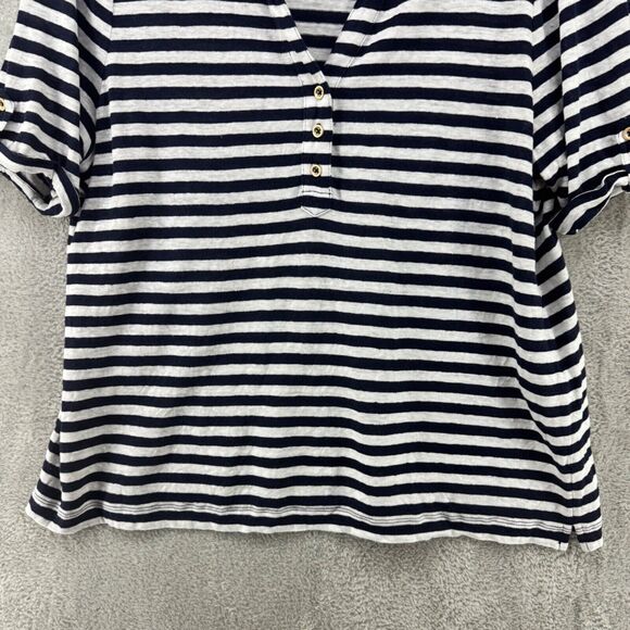 Chicos Top Womens 3 (XL) Blue Striped Linen Popover V-Neck Button Short Sleeve - Picture 4 of 12